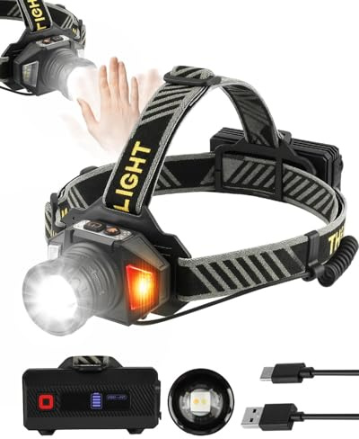 Lampe Frontale Led Ultra Puissante Rechargeable USB C avec 12 Modes d’Éclairage, Capteur & Warning Light, IPX5 Étanche, 90° Réglable Zoomable Tête Extensible pour Camping, Randonnée, Pêche et Course