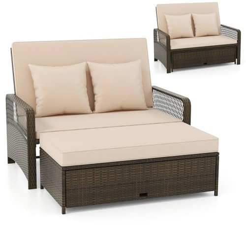 COSTWAY Garden Rattan Daybed, Patio Double Chaise Lounger Sun Bed with 4-Level Adjustable Backrest, Storage Ottoman, Cushions and Pillows, Outdoor Wicker Loveseat Sofa Conversation Furniture, Beige
