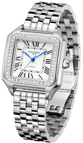 ROLENDO Automatic Watch for Women, Luxury Square Silver Watch, Roman Numerals, 33mm Ladies Watch Elegant, Stainless Steel Bracelet, Diamond Wrist Watches for Work Dress