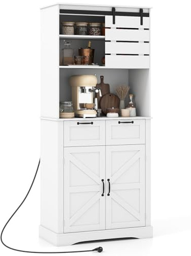 GIANTEX Armadio da cucina con piano di lavoro, buffet da cucina con stazione di ricarica, armadio alto con ripiano regolabile e 2 cassetti, armadietto con porta scorrevole, armadietto da cucina