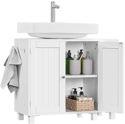 Yaheetech Mobile Sottolavabo con Ripiani Regolabili Armadio da Bagno Autoportante con Apertura a U Mobile da Bagno a Due Ante con Scaffale Laterale Aperto e Ganci (Bianco)