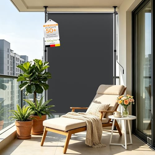 HOMEDEMO Senkrechtmarkise Außen, Vertikalmarkise ohne Bohren, Balkonrollo mit Einstellbare Handkurbel, Sichtschutz Sonnenschutz Windschutz, Garten, 200x(220-310) cm, Stoffbreite 185,5 cm, Anthrazit