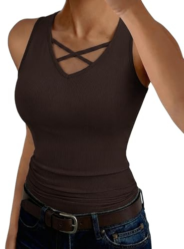 Aottori Camiseta de Tirantes Mujer para Verano Canalé Elástico con Cuello V | Diseño Cruzado, Punto Acanalado, Corte Ajustado, Diseño de Capa Base, Estilo Casual, Acabado Liso