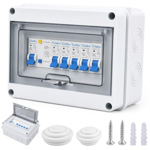 Boîte à fusibles en saillie avec disjoncteur Fi, IP65, petit distributeur de courant pour intérieur/extérieur, disjoncteur 63 A, interrupteur d'air, 2 x 10 A+16 A+20 A+32 A, 8 modules