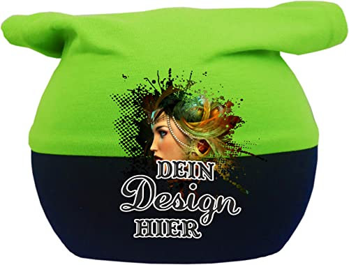 KLEINER FRATZ Kinder Kopftuch Multicolor STERN (Gr.2 (KU 39-53) (Gr. 68-98), lime-navy) Baby Mütze mit Wunschtext oder Namen