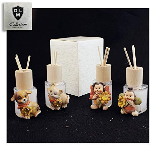 DLM-30161 (Kit 6 Pezzi) Profumatore Barattolo in Vetro e Legno con Animaletti Animali Cane Gatto Farfalla Coccinella Diffusore per Ambienti Profumo bomboniera