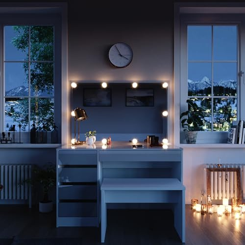 Vicco Schminktisch Sherry, Weiß, 120 cm | mit LED Beleuchtung und Bank, geeignet zur täglichen Anwendung mit stabiler Sitzmöglichkeit