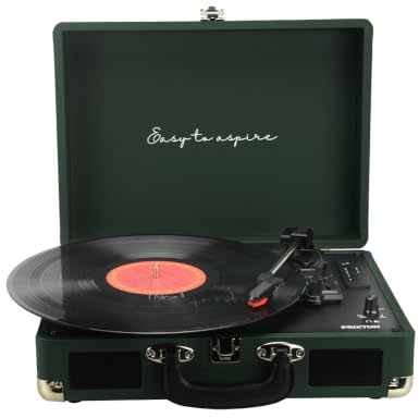 PRIXTON Tocadiscos Bluetooth VC400 Vintage, Reproductor y Convertidor de Vinilos a WAV, USB, AUX, Radio FM, RCA, Jack 3,5 mm, 2 Altavoces 5W, 33/45/78 RPM, Diseño Maleta (Verde Oscuro)