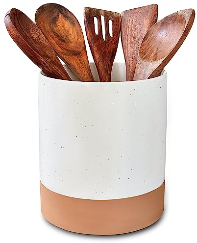 Mora Ceramic Kitchen Utensil Holder - Wooden Spoon & Spatula Crock for Countertop, Modern Farmhouse Home Decor, Extra Large 7.3 Cooking Organizer for Stove Top and Counter - Heavy & Sturdy - Vanilla
