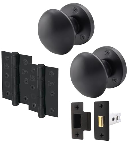EAI Matt Black Door Knobs with Latch 76mm and Hinges, 1 Pack - Victorian | Complete Latch Kit with 1 Pair of Victorian Mortice 55mm Door Knobs, 76mm Latch, 76mm Hinges, Fixings Included