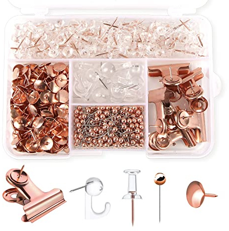 AIEX 465 Stück Transparente Stecknadeln Set, Metall und Kunststoff Stecknadeln Reißnägel und Stecknadel Clips für Korktafel Pinnwand Wand 5 Stile Bürobedarf (Roségold)