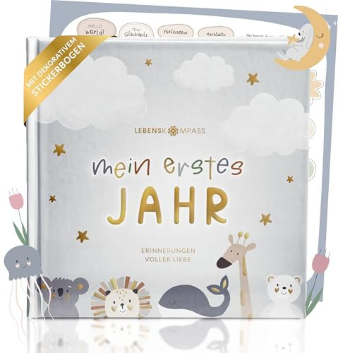 Lebenskompass Babyalbum Mein erstes Jahr Air mit über 75 Stickern & Spruchkarte EXTRA - Ein Baby Buch zum Eintragen - Das Babytagebuch & Erinnerungsbuch für Mädchen & Jungen