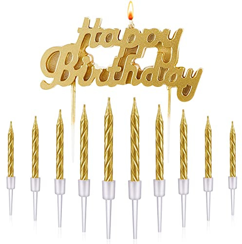 MTLEE Happy Birthday Candles Letter Cake Topper with 10 Pcs 2.95 Inch Short Thin Spiral Candles for Cake Topper Birthday Decoration Party Supplies(Gold)