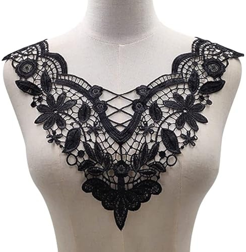 SYSUII Spitze Kragen Applikation,3D Stickerei Spitze Applikation Blumen Spitze Patch Spitzemotiv Applique Patches Einsatzkragen Lace Trim für Kleid DIY Ausschnitt Brautkleid Kleidung，Schwarz