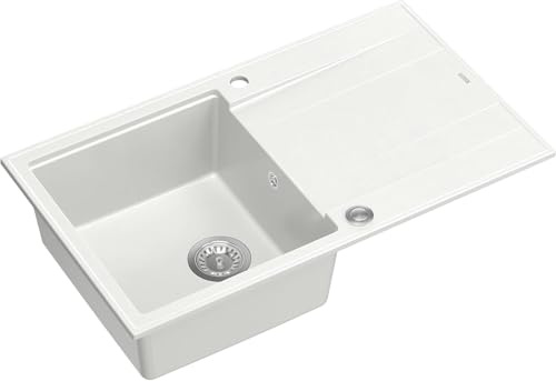 QUADRON Evier Blanc & Acier | Taille 86 x 50 x 21 cm | Granit Evier en granit EVAN 111 Evier de cuisine simple | avec siphon manuel et égouttoir | 1 bassin à encastrer