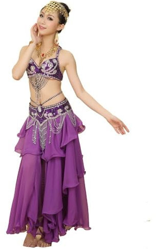Baisdan Damen Bauchtanz Kostüm Sets BH Gürtel Vollkreis Rock Karneval Fasching Outfit Lila