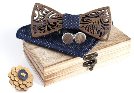 Cyriacus Fliege Set Holz, enthält Papillon und Manschettenknöpfe, Quadratisches Halstuch (3 PCS), Einzigartiges durchbrochenes Design, Geeignet für die Verwendung in mehreren Szenen