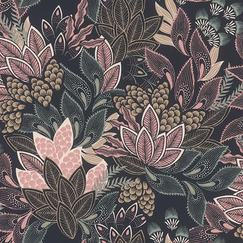 Rasch Tapeter 866247 – fibertapet med blad i svart, rosa, beige och grönt från Symphony-kollektionen – 10,05 m x 0,53 m (L x B):