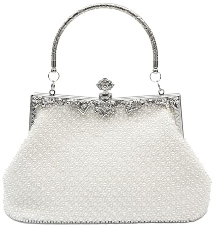Lapulio Stile Vintage Anni 1920 Borsa da Sera Donna Pochette Semplice Elegante con Perline Monocromatica Ideale per Matrimoni, Feste, bianco, Small
