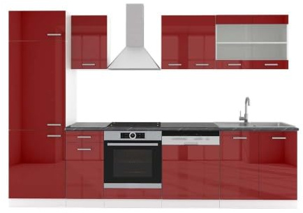 Vicco Küchenzeile R-Line, Rot Hochglanz/Weiß, 300 cm | 8 Module · Höhenverstellbare Füße · AP Anthrazit inkl. · Robuste Fronten · Mit Kühlschrankumbauschrank