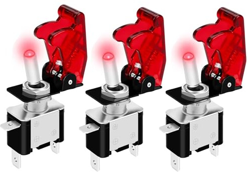 3 Stück Kippschalter MetallWipp 12/24V 20A SPST EIN-AUS 3-PIN Wippschalter 3Pin beleuchtet Toggle Switch mit Wasserdichter Sicherheitsabdeckung (Rot)