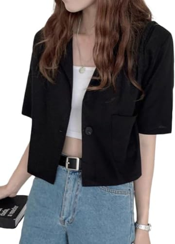 Hecatombic Blazer da Donna in Cotone a Maniche Corte Allentato Tinta Unita Blazer Corto da Ufficio Estivo Giacca da Lavoro con Bottoni Slim con Risvolto Estivo (Nero,XL)