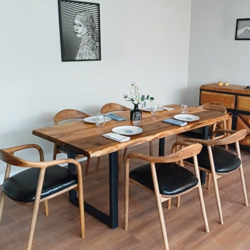 Ultimate Premium Products Table de salle à manger en bois de noyer faite à la main avec pieds en métal en forme de U | Table de cuisine de ferme en bois massif | 114 x 61 cm