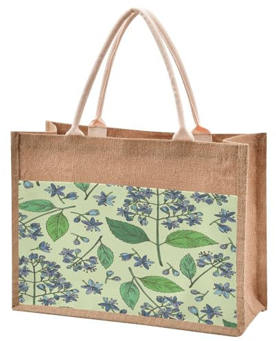Mnsruu Burlap Jute Tote Bag Plant Leaves Purple Flowers Reusable Grocery Shopping Bag Beach Tote Bag for Women Girls Bridesmaid Wedding School 43x32x18cm
