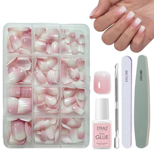 DMQ Ombre False Nails Kit with Glue, 240Pcs Natural Gradient Pink Fake Nails, Acrylic Square Press on Nails Pink Tips, 12 Sizes Glossy Full Cover Stick on Nail for Women Girls Nails Art