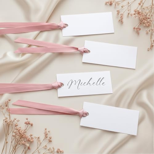 Humyoun 50 Pcs Name Place Cards for Table Setting Blank Wedding Place Cards with Satin Ribbon 1.57 x 3.54 Inch Hanging Gift Tags for Wedding Dinner Banquet Party Table Setting Supplies(Rose Gold)