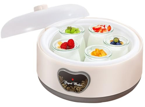 Yogurtera pequeña con 5 tarros, olla interior de acero inoxidable de 1,2 L, máquina para hacer yogur eléctrica multifunción con tapa transparente, para hacer postres caseros frescos y saludables