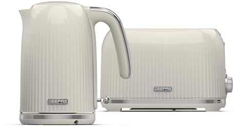 GEEPAS Fluted 1.7L 3000W Cordless Kettle & 2 Slice Toaster Kitchen Set | 1750W Toastie Machine, 7 Browning Control, Crumb Tray, Cancel, Defrost, Reheat, 3000W Jug Kettle, Boil Dry, Auto Shut Off