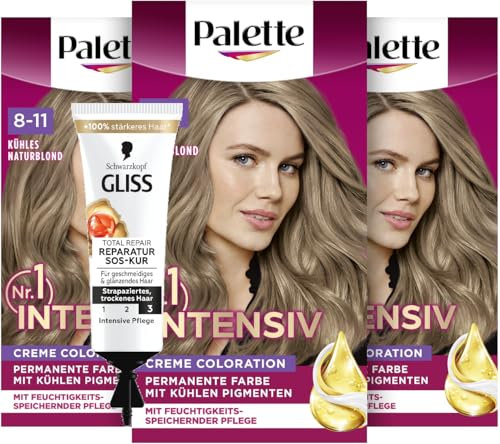 Palette Intensiv Creme Coloration 8-11 Cool Natural Blonde (3x 115 ml), permanente Haarfarbe für leuchtende, langanhaltende Farbbrillanz & SOS-Intensiv-Kur Total Repair (15 ml), Haarkur