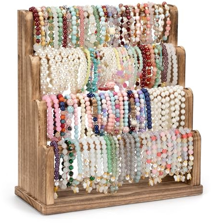 Emfogoo Bracelet Holder, 4 Tier Bracelet Stand Storage for Bracelets Bangles Scrunchies, Rustic Wood Jewellery Organiser Display for Home, Vendors, Craft Shows and Store (Rustic Brown)