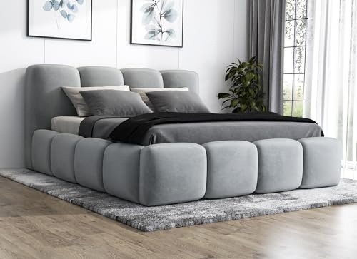 A&J MöbelLand Polsterbett 180x200 mit Bettkasten und Lattenrost – DONA-OM, Bett with Stauraum in Hellgrau ohne Matratze