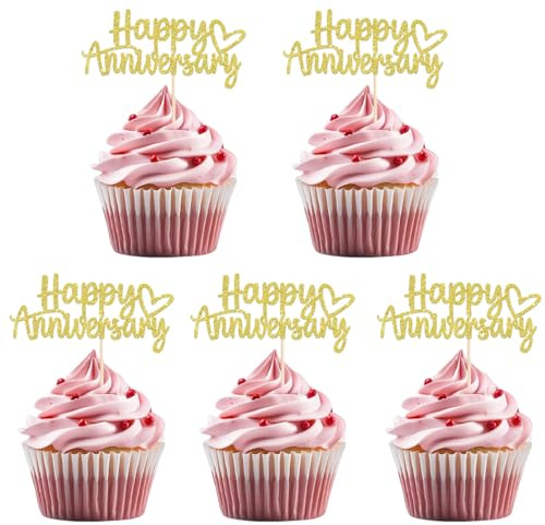 Happy Anniversary Cake Topper, 50th Wedding Anniversary Cake Toppers, Wedding Cake Topper, HSC 24Pcs Gold Glitter Pre-assembled Cupcake Toppers with Heart Design for Celebrations and Party Supplies