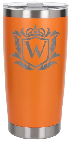 Customised Gifts 500ml Engraved Shield Initial Monogram Insulated Personalised Orange Travel Mug for Men and Women - Personalised Initial Coffee Travel Mug for Hot and Cold Beverages, Letter W