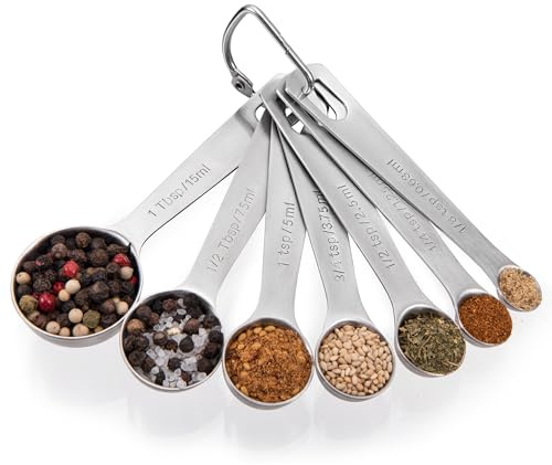 Doosu Metal Measuring Spoons for Cooking, 18/8 Stainless Steel, Set of 7 | Kitchen Measure Tool, Engraved Teaspoon Tablespoon TSP Tbsp, Scoop Serving Baking Accessory Gadget, Dry & Liquid Ingredient