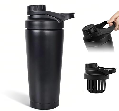 Rylae Shaker Protéine 750 ml, Bouteille Shaker, Antifuite, Gourde Acier Inoxydable Musculation avec Échelle et Tamis, Bouteille Poudre Cup pour Proteinshake, pour Sport et Fitness - Noir, 750ML