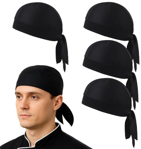 YOFDAL 4 Piezas Gorro Chef de Bandana,Gorro de Cocina Ajustable Mujer y Hombre,Gorros Cocinero Negro Ideal para Restaurantes,Cocinas,Panaderías,Cafeterías,Hoteles