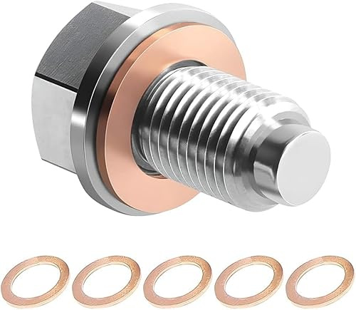 Wohlstand Bouchon de Vidange M14 x 1,25 Bouchon Vidange d'Huile Magnétique en Acier Inoxydable, Avec 5 Rondelles Joint Cuivre, Écrou Vidange Carter Magnétique pour à la Plupart des Voitures et Motos