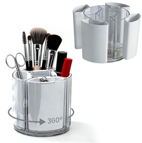 Hikiwin Rotating Makeup Organizer Countertop, Detachable Desk Organizer, 5 Slots Unique Make up Brushes Cup for Cosmetics, Art Supply, Multi Compartment Pen Holder, White, 1 Piece