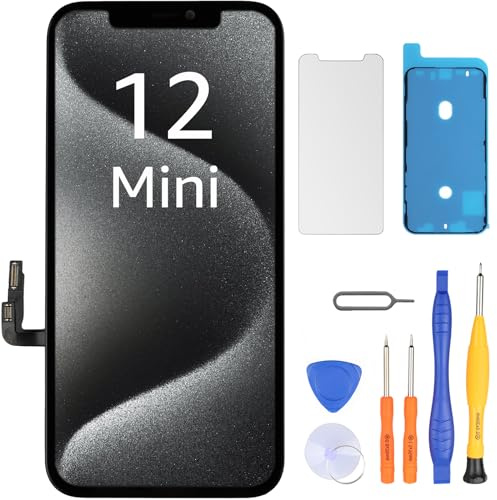 LL TRADER Display für iPhone 12 Mini 5.4 LCD Ersatzbildschirm und Kits | Retina FHD 3D Touch Digitizer Rahmenmontage mit Wasserfestem Klebeband und Displayschutzfolie (True Tone Programmierbar)
