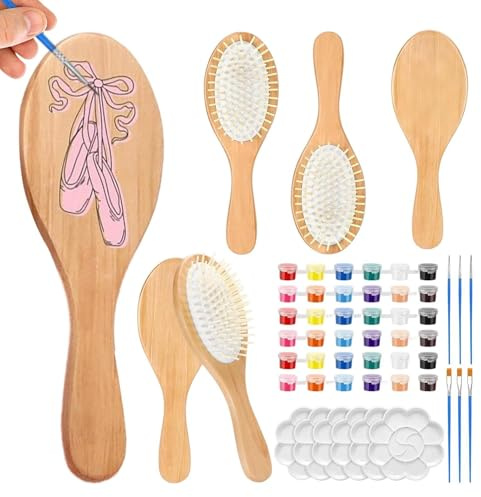 24 Set DIY Holz Haarbürste - Haarbürste Zum Bemalen, Bemale Deinen Eigenen Holzkamm, Mit 6 Haarkamm, 6Pinsel, 6 Pigment, 6Palette, Für DIY Geschenk Party Handwerk Für Feiertage Bastelfans Frauen