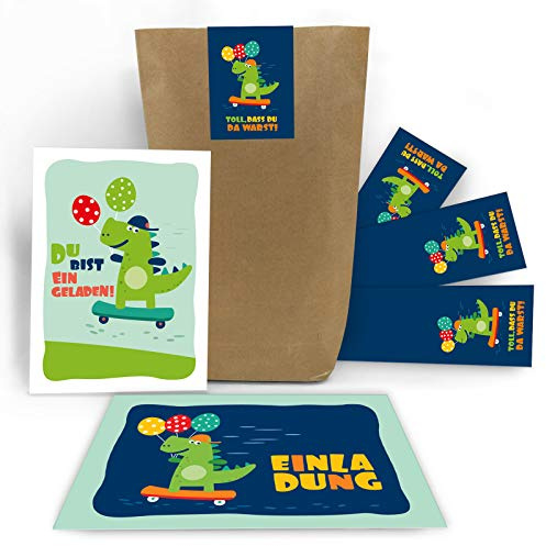 Junaversum 12 Einladungskarten Kindergeburtstag Kinder Jungen Jungs Mädchen Dinosaurier Dino incl. 12 Umschläge, 12 Tüten/natur, 12 Aufkleber