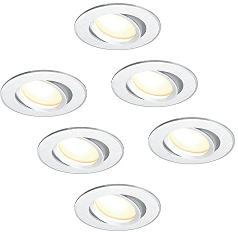 HCFEI 6er Set LED Einbaustrahler flach FLAT DIM 120°, 230V, 3W, Warmweiß 3000K, Einbauloch 68-75 mm, Silber gebürstet, Schwenkbar, Einbautiefe 25 mm
