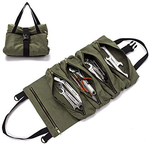 Große Multi-Taschen Werkzeugrolle Schraubenschlüssel Rollentasche Roll Up Tools Bag Werkzeug-Organizer, Eimer, Werkzeug zum Aufrollen, handliche kleine Werkzeuge, Tragetasche (Green)