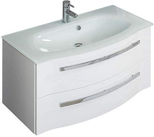 Lomadox Badezimmer Waschtisch 92cm, Waschtisch-Unterschrank in Hochglanz weiß, mit Glaswaschbecken