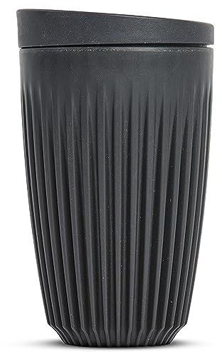HUSKEE Coffee Cups with Lids - Reusable Coffee Cup with Unique Fins for Espresso, Cappuccino, Americano, Mocha - Insulated & Portable Latte Cups Made with Repurposed Coffee Husks (Charcoal, 12oz)