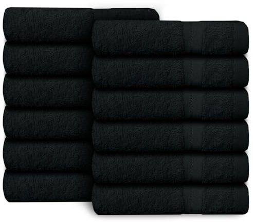 Casabella Premium Quality 12 Black Face Towels (30x30CM) Highly Absorbent Wash Cloth set, 100% Combed Cotton 650 GSM Fingertip Towels soft Flannel Face Cloths 12 Black Face Towel